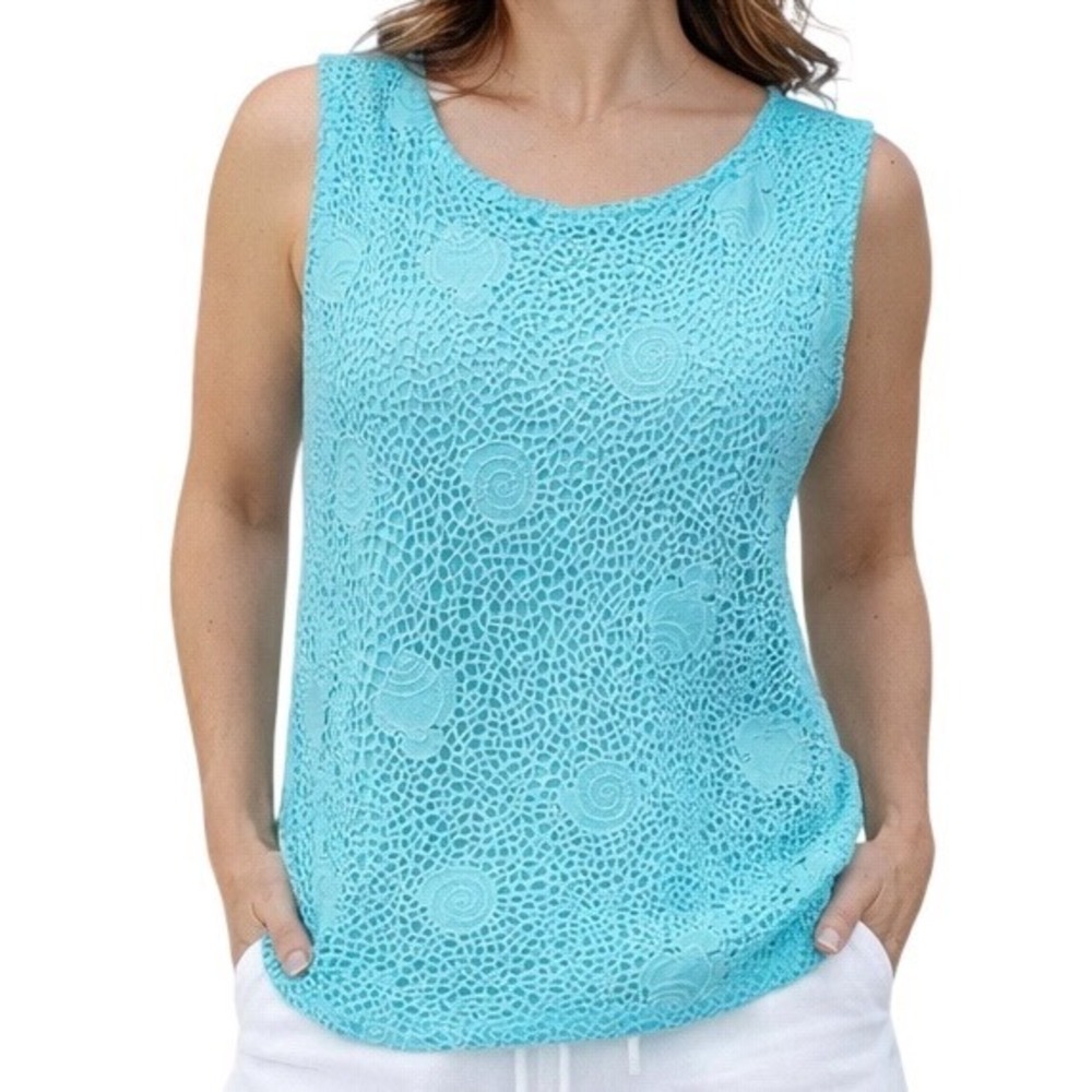Talbots Sealife Lace Tank Crewneck Cotton Sleeveless Top Vivid Turquoise Size S
